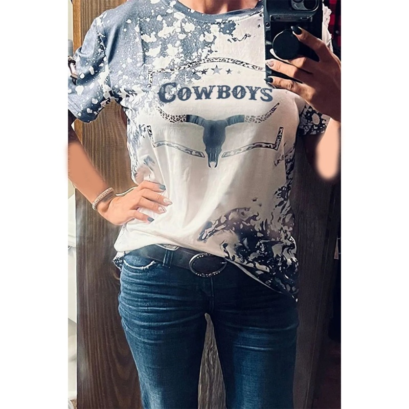 Xiangbao Áo Sơ Mi Tay Ngắn Cổ Tròn In Họa Tiết Ren Cao Bồi Mặc Hàng Ngày Dáng Rộng Vừa Vặn Cho Nữ