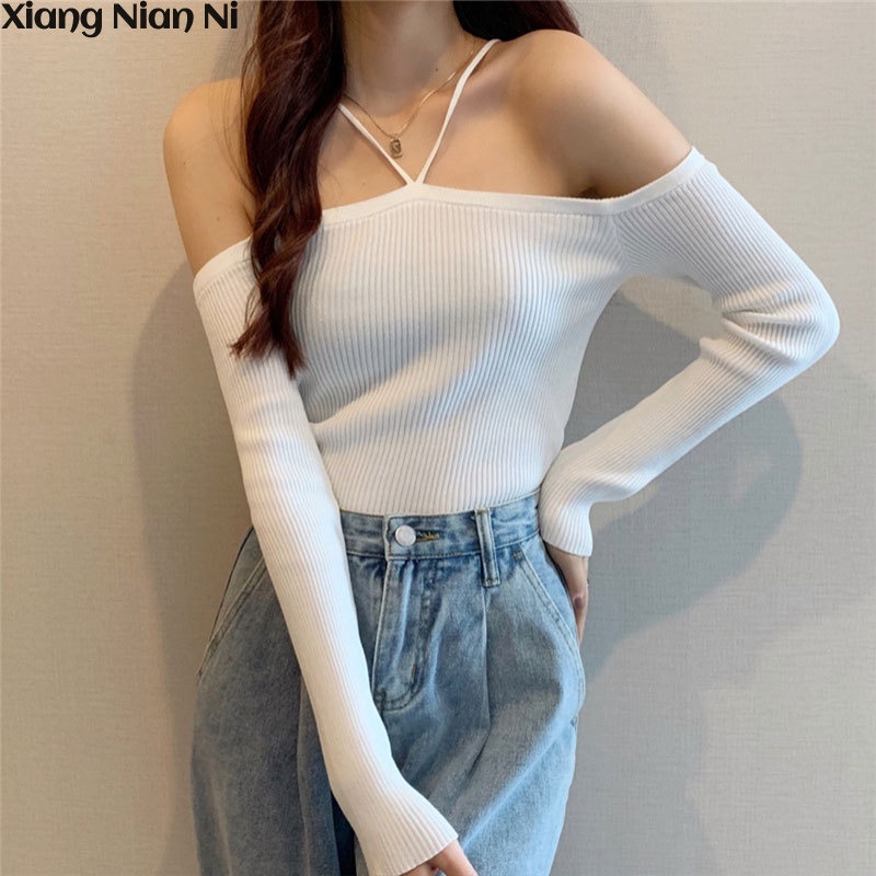 Áo Dệt Kim Tay Dài Trễ Vai Dáng Ôm Gợi Cảm Cho Nữ