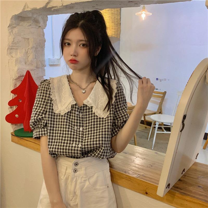 Áo Kiểu Tay Phồng Cổ Búp Bê Form Rộng Họa Tiết Sọc Caro Phong Cách Pháp