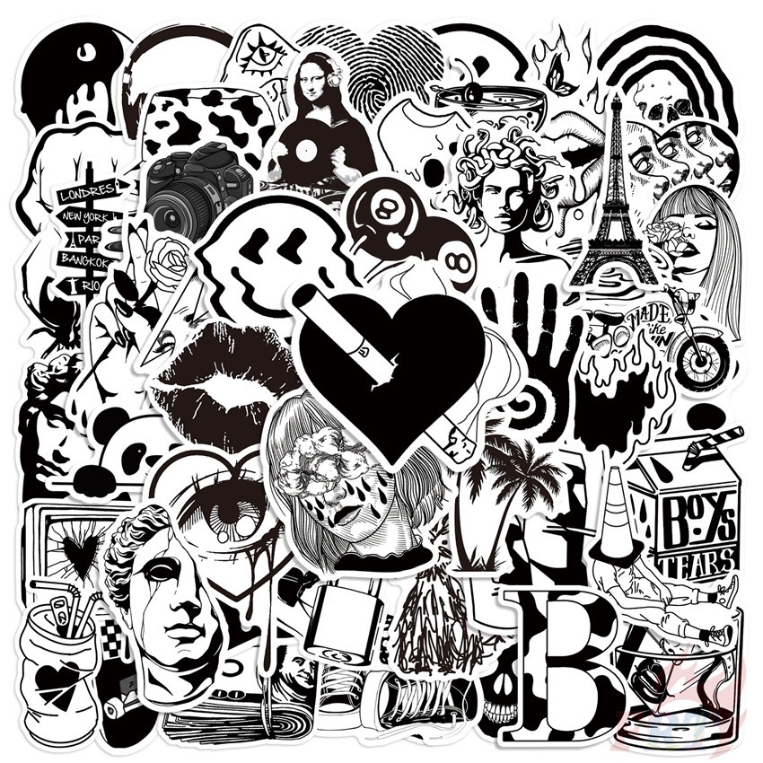 ❉ Set 03 Sticker Dán Trang Trí Hình Nghệ Thuật Màu Trắng Đen Phong Cách Cổ Điển ❉ Bộ 50 Sticker Chống Thấm Nước Họa Tiết Doodle Hợp Thời Trang