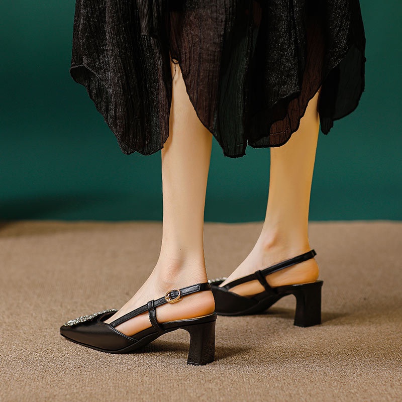 Giày Cao Gót Mũi Vuông Đính Đá Thời Trang Mùa Hè 2023 Cho Nữ