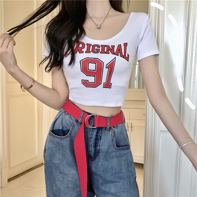 Áo baby tee Thun croptop Cotton Crop Top Ngắn Tay Cổ Chữ U Lưng Cao Gợi Cảm Cho Nữ