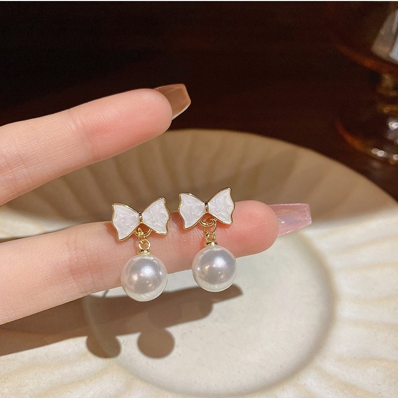 Bông Tai Mạ Bạc 925 Hình Nơ Đính Ngọc Trai Thời Trang Mới 2023