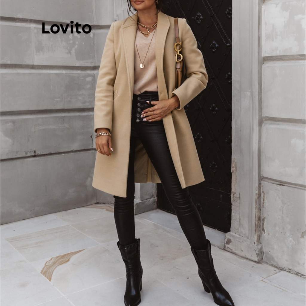 Áo khoác Lovito dài tay có túi mở phía trước màu trơn phong cách thường ngày cho nữ LNX07219 (nâu/đen)
