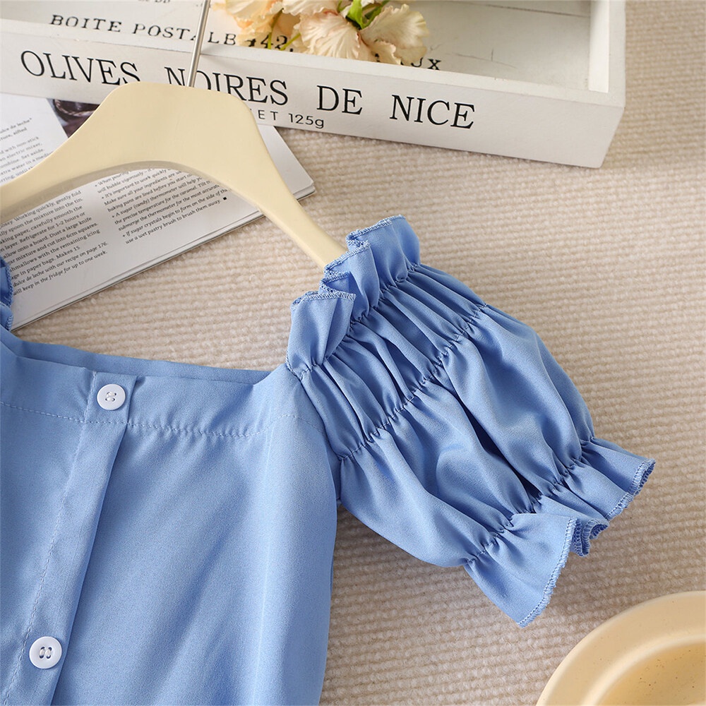 BEAR LEADER Đầm Công Chúa Màu Xanh Dương Tay Phồng Ngắn Thời Trang Mùa Hè Cho Bé Gái 90-140 Yards