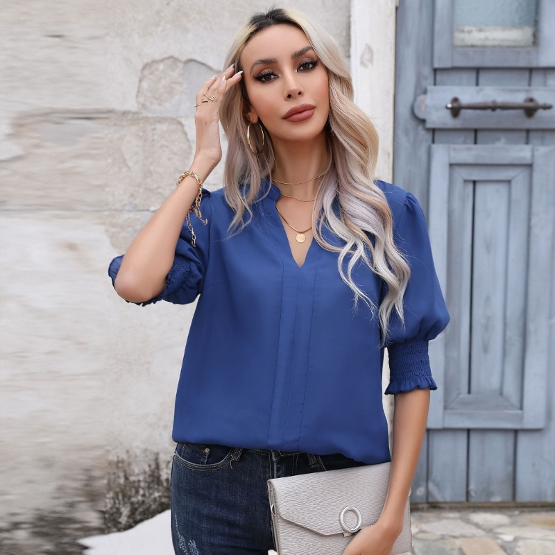 Áo Sơ Mi Chiffon Tay Ngắn Cổ Chữ V Dáng Rộng Phong Cách Công Sở Dành Cho Nữ