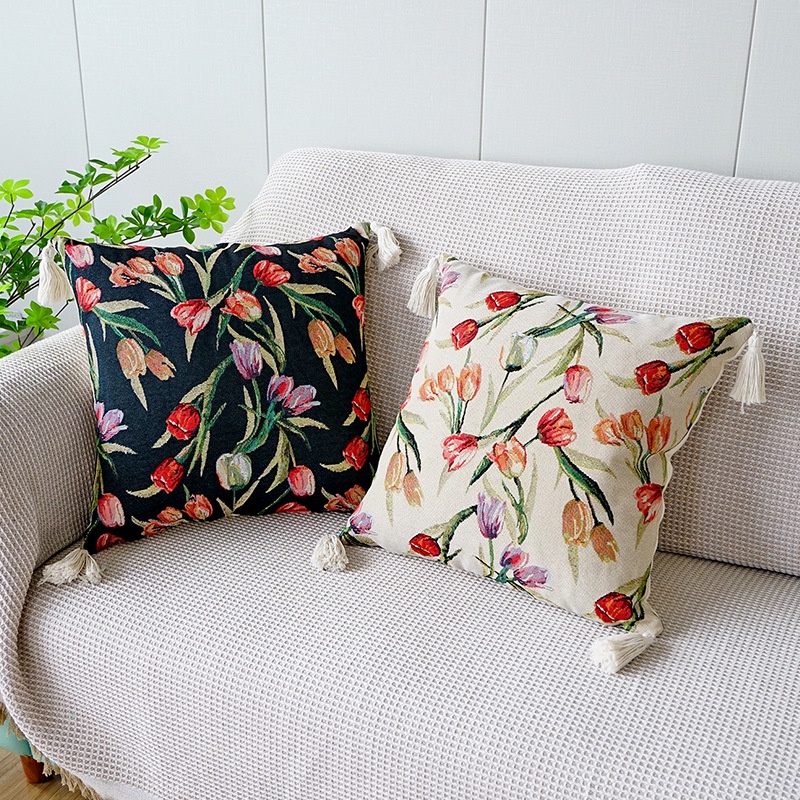 Vỏ Gối Tựa Lưng Họa Tiết Tranh Sơn Dầu Hoa Tulip Màu Nhuộm Sang Trọng Trang Trí Phòng Khách / Xe Hơi / Ghế sofa