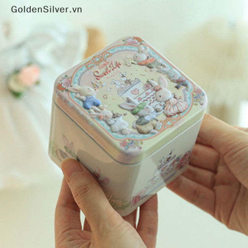 Hộp Kim Loại Mạ Thiếc Đựng Kẹo Phục Sinh Hình Vuông Màu Vàng Kim