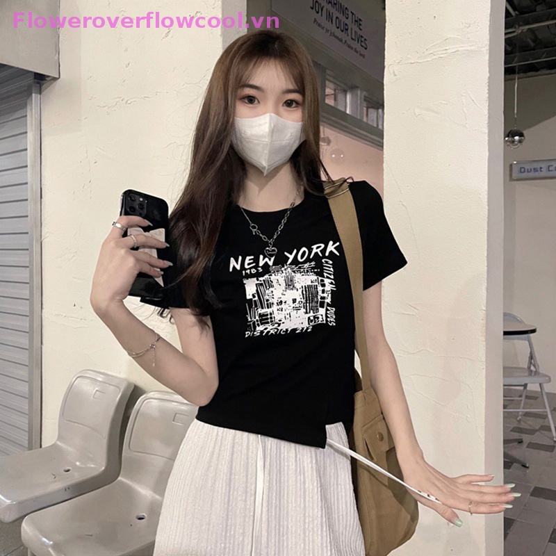 Áo Thun Croptop Tay Ngắn Cổ Tròn In Họa Tiết Phong Cách Retro Mỹ Cho Nữ