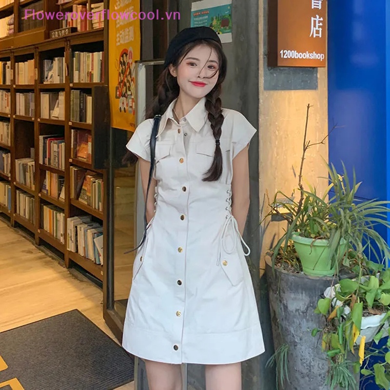 Đầm Mini Cổ Bẻ Màu Trơn Đơn Giản Thời Trang Mùa Hè Phong Cách Hàn Quốc Cho Nữ