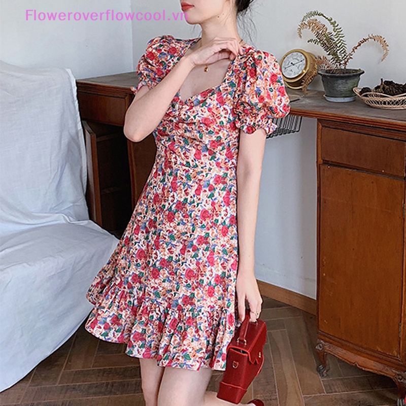 Đầm Ngắn Cổ Vuông Tay Phồng In Họa Tiết Hoa Phong Cách Bohemian Thời Trang Mùa Hè Dành Cho Nữ