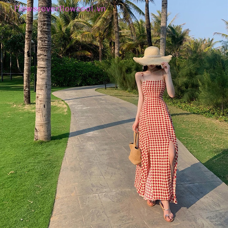 Đầm Maxi Hai Dây Dáng Chữ A Họa Tiết Sọc Caro Phong Cách Pháp Cổ Điển Thời Trang Mùa Hè Quyến Rũ Cho Nữ