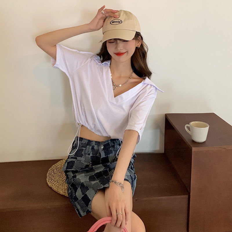 IELGY    Áo Thun crop top Tay Ngắn Cổ polo Eo Cao Thời Trang Dành Cho Nữ