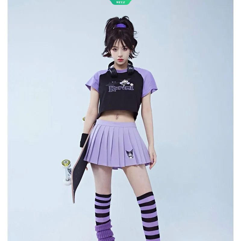 Áo Thun Tay Ngắn Hở Rốn Eo Cao Ôm Dáng Phối Họa Tiết Sanrio Kuromi Ngọt Ngào Sáng Tạo Thời Trang Mùa Hè 2023 Y2k