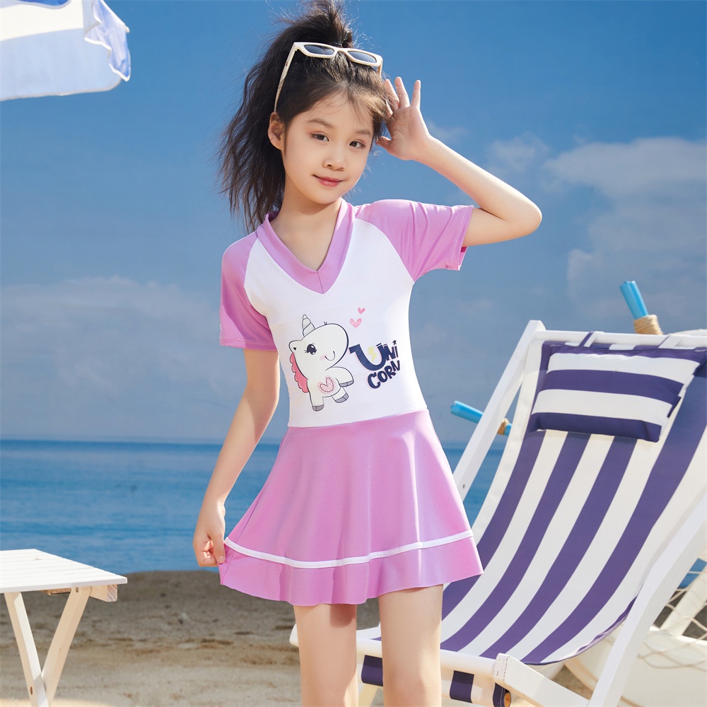 áo bơi trẻ em đồ bơi bé gái,do boi be gai,Bộ Đồ Bơi Một Mảnh Hình Kỳ Lân Màu Hồng Mau Khô bé gái