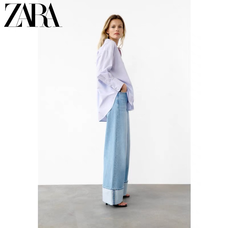 Zara Áo Sơ Mi Tay Dài Vải Oxford Họa Tiết Kẻ Sọc Thời Trang Thanh Lịch Cho Nữ