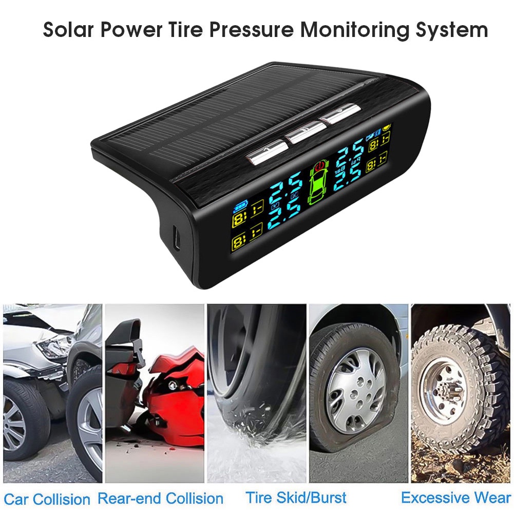 Máy TPMS Năng Lượng Mặt Trời Không Dây Với 4 Cảm Biến Và Màn Hình LCD Cho Giám Sát Áp Suất Lốp Xe Chính Xác