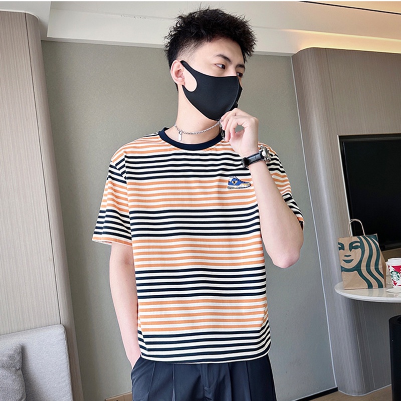 Áo Thun Tay Ngắn Cổ Tròn Họa Tiết Kẻ Sọc Thời Trang Mùa Hè 2023 Mới Cho Nam