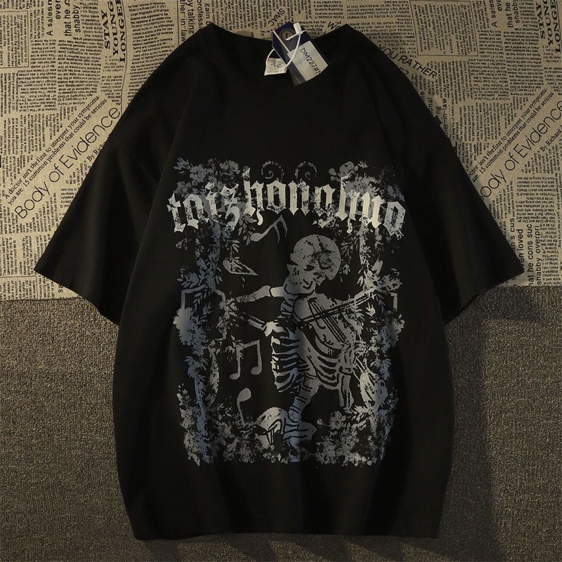 Áo Thun Tay Ngắn In Hình Đầu Lâu Vĩ Cầm Thời Trang Đường Phố Mỹ Vintage Dành Cho Nam Nữ