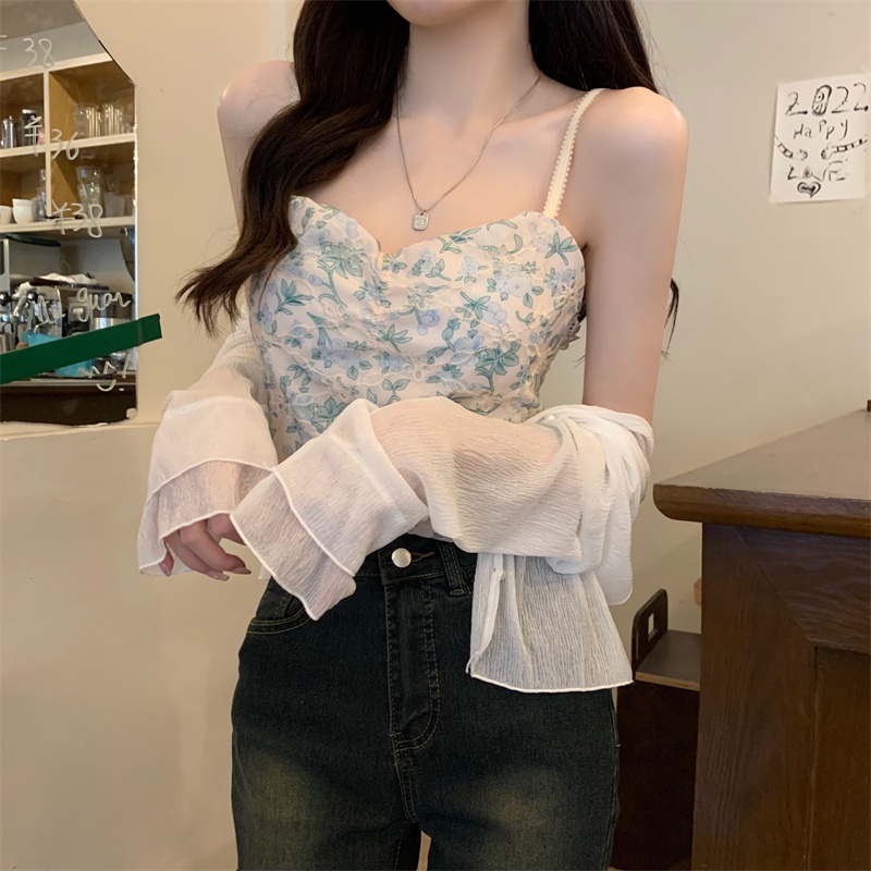 Set Áo Khoác Cardigan Dài Tay + Áo Hai Dây Họa Tiết Hoa Thời Trang Mùa Hè Mới Cho Nữ