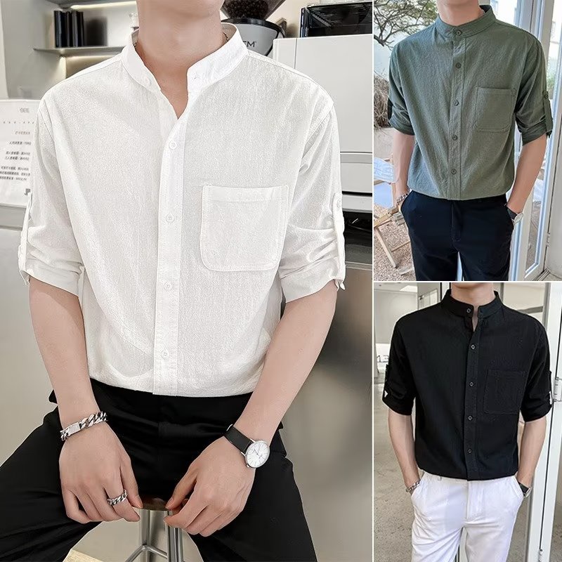 Áo Sơ Mi Cotton Lanh Dáng Rộng 3 4 Có Túi Màu Xanh Lá / Trắng / Đen Đơn Giản Phong Cách Trung Hoa Cho Nam
