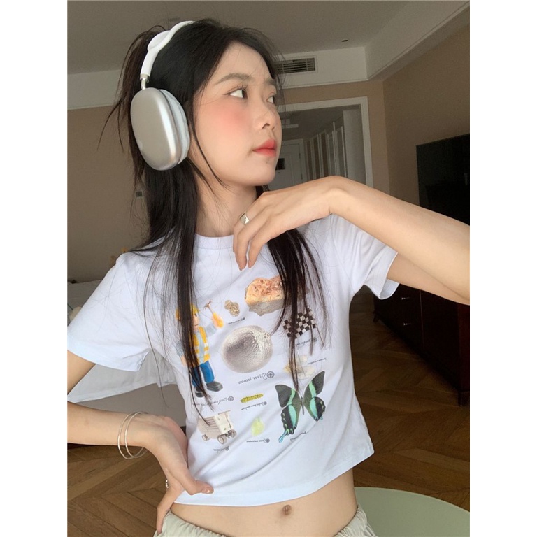 Áo baby tee Thun croptop Tay Ngắn Hở Rốn In Họa Tiết Phong Cách Retro Mỹ Cho Nữ