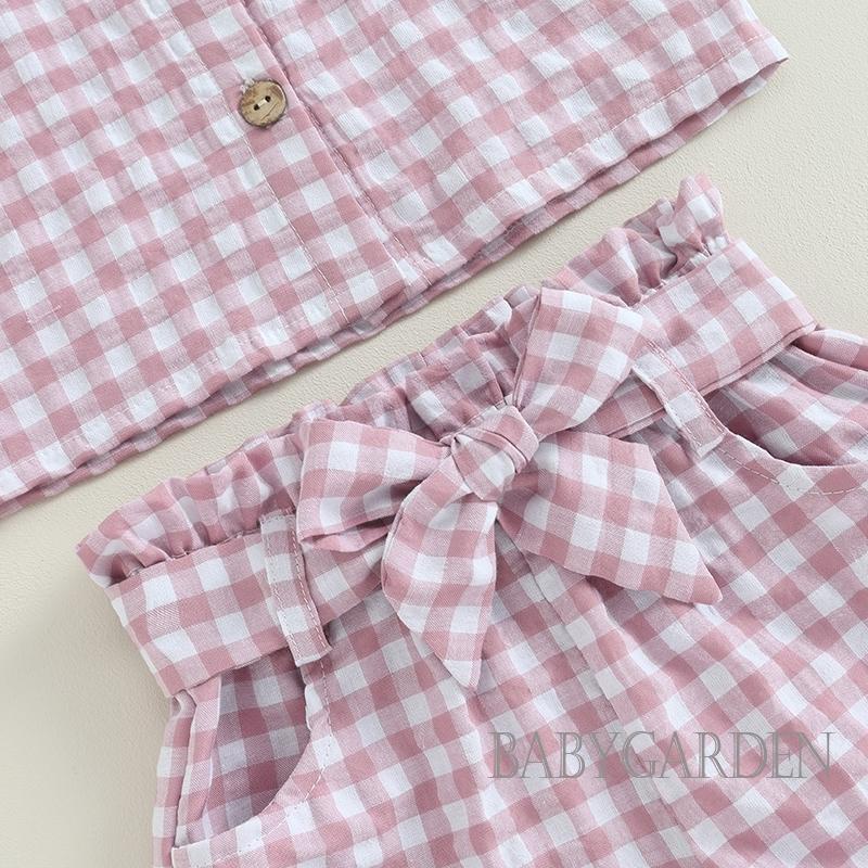 Bộ Áo Sơ Mi Ngắn Tay Cổ Búp Bê In Họa Tiết Caro + Quần Short Thời Trang Cho Bé Gái Từ 2-6 Tuổi