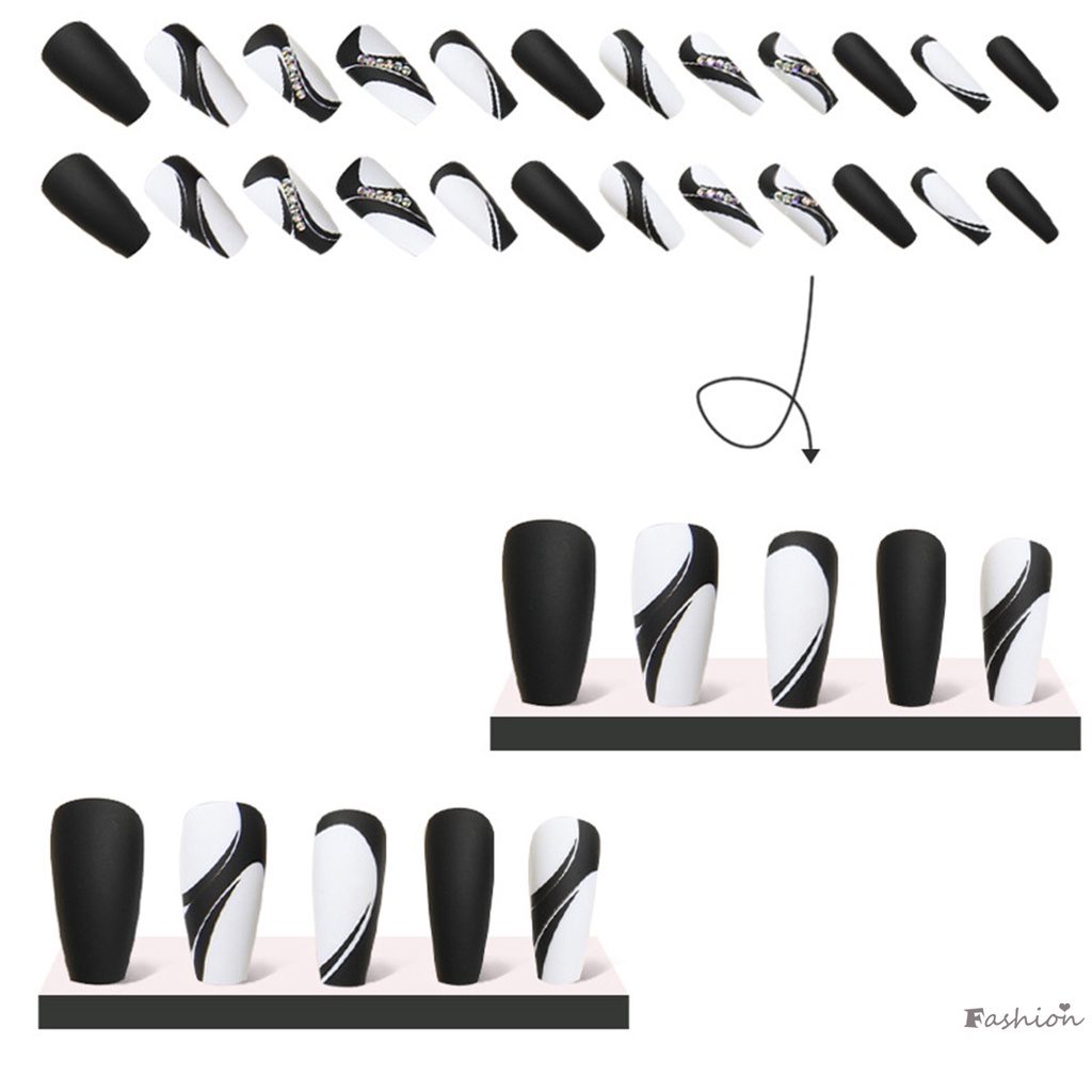 Móng Tay Giả Chip Vuông Màu Trắng Đen Chống Nhòe