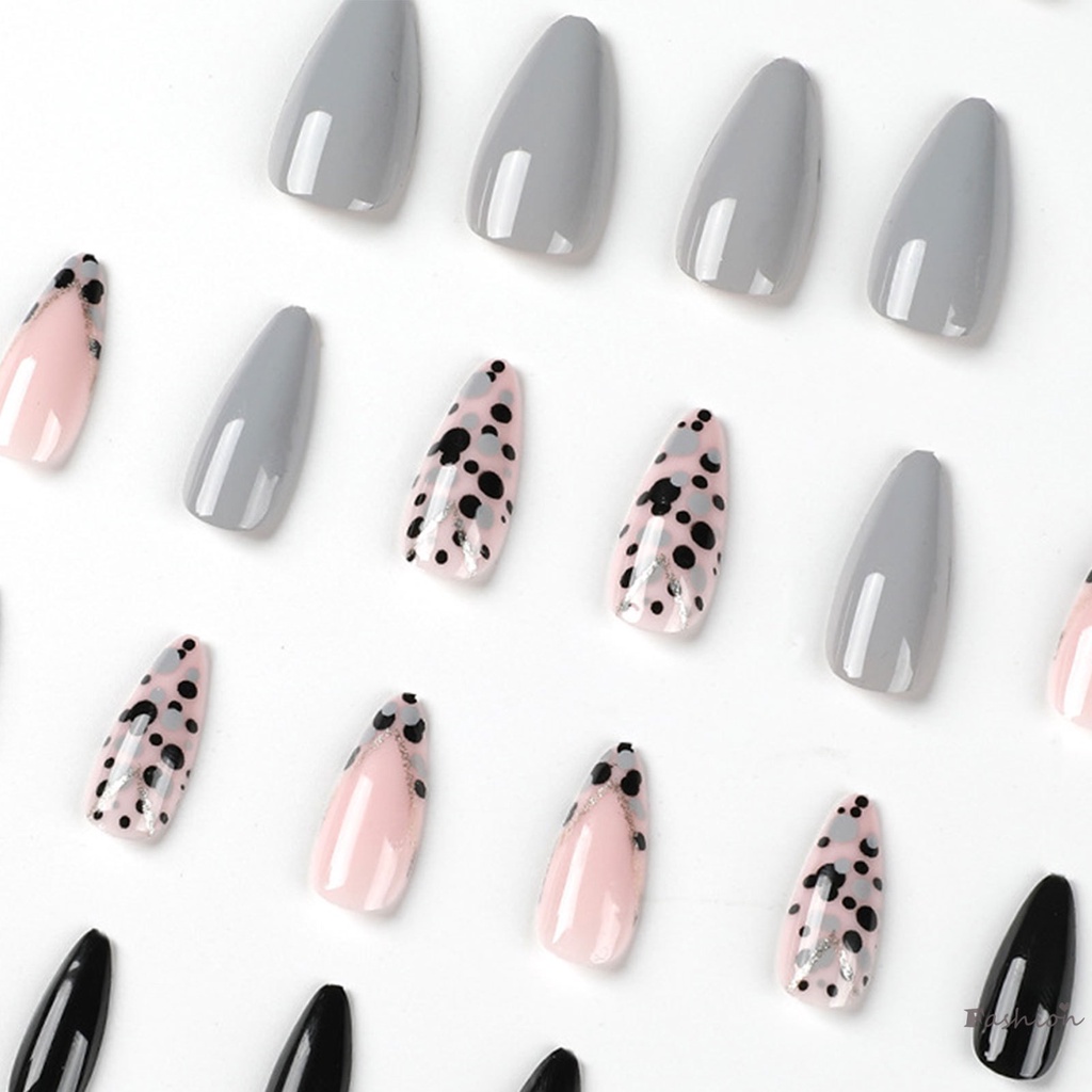 Móng Tay Giả Họa Tiết Chấm Bi Màu Xám Đen Mượt Mà Không Bong Tróc