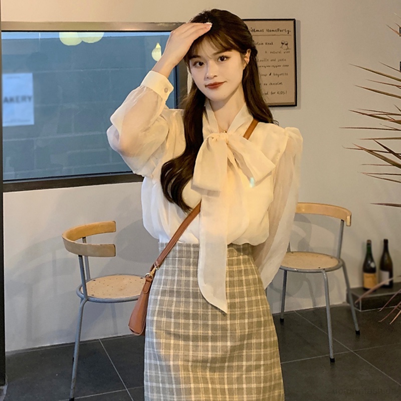 Áo Sơ Mi Tay Dài Màu Trơn Thắt Nơ Thời Trang Dành Cho Nữ