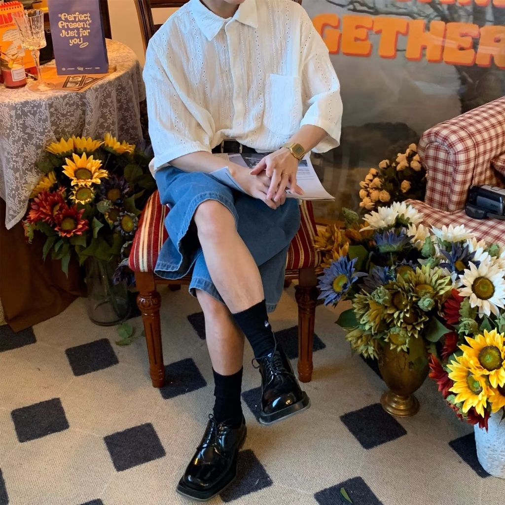 Áo Sơ Mi Ngắn Tay Cổ Vuông Màu Trơn Thời Trang Nhật Hàn Cho Nam Thẻ