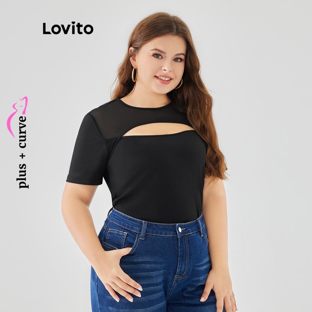 Áo thun Lovito cắt xẻ phối lưới tương phản màu trơn thanh lịch tôn dáng size lớn cho nữ LPS09032 (Màu đen)