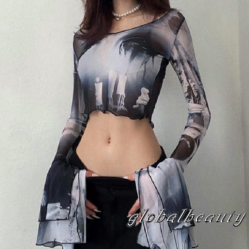 Áo Croptop Tay Loe Dài Vải Sheer Phối Bèo In Họa Tiết Xinh Xắn Thời Trang Xuân Thu Cho Nữ