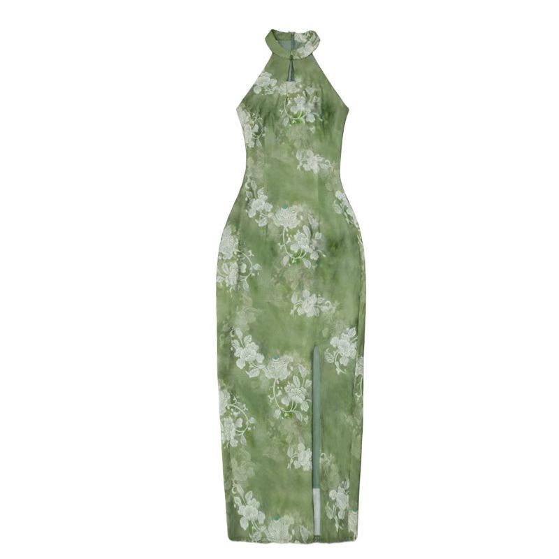 M &amp; E Phong Cách Mới TYANG Eryang Sườn Xám Mỏng Ôm Eo Cổ Dây Xẻ Tà Phong Cách Trung Hoa Thuần Khiết Sang Trọng