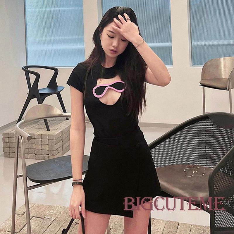 Áo Thun Crop Top Tay Ngắn Màu Đen Thời Trang Mùa Hè Cá Tính Cho Nữ