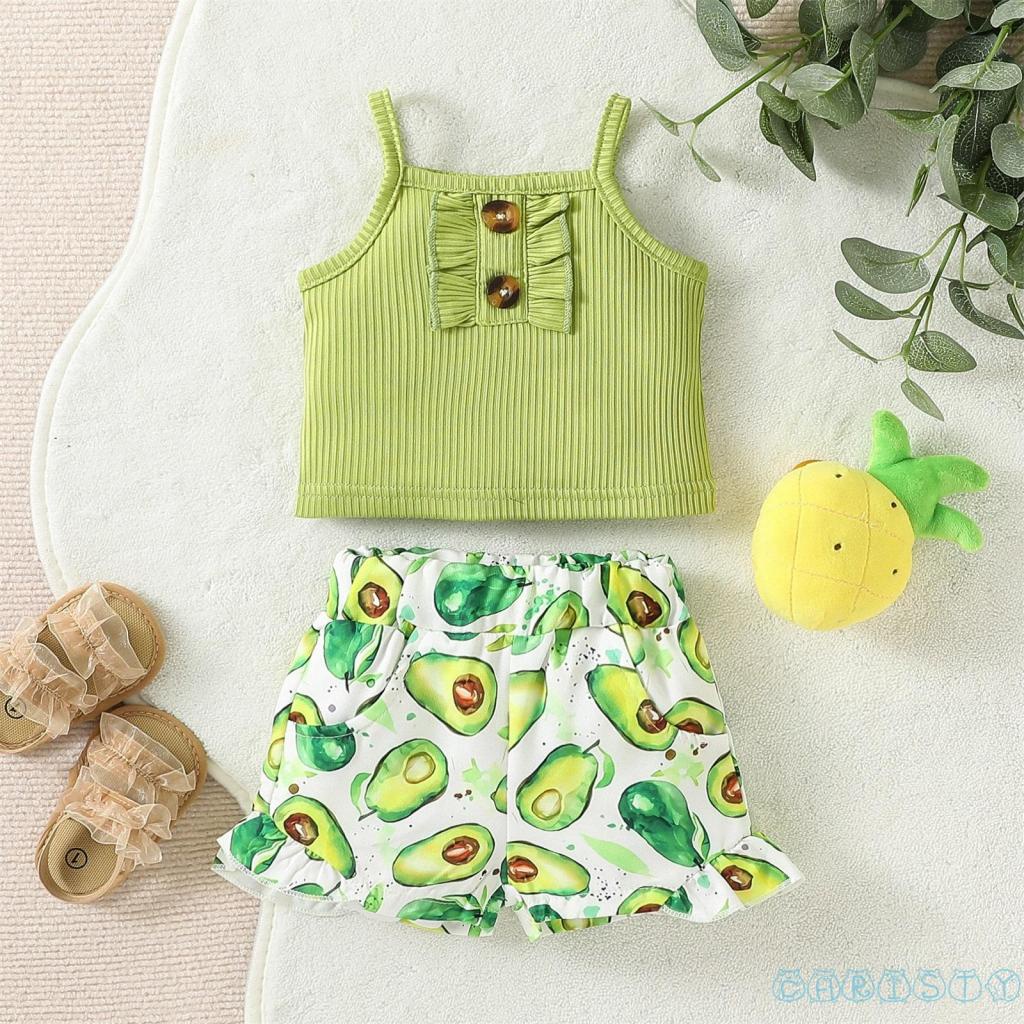 Set Áo Hai Dây + Quần Short Lưng Thun Họa Tiết Quả Bơ Cho Bé Gái