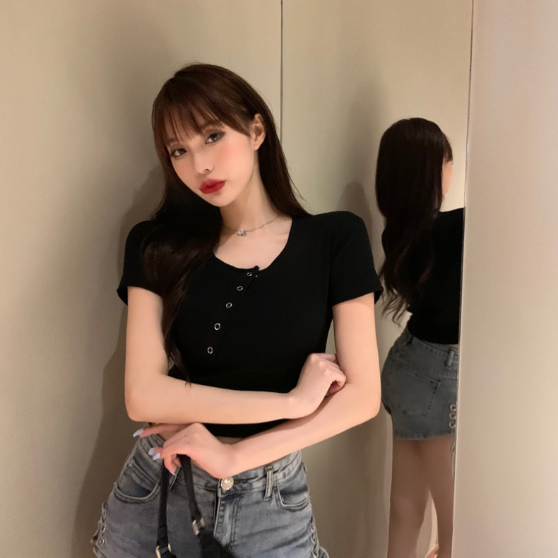 Áo Thun Nữ Ngắn Tay Vạt Chéo Ngực Thời Trang Hàn Quốc