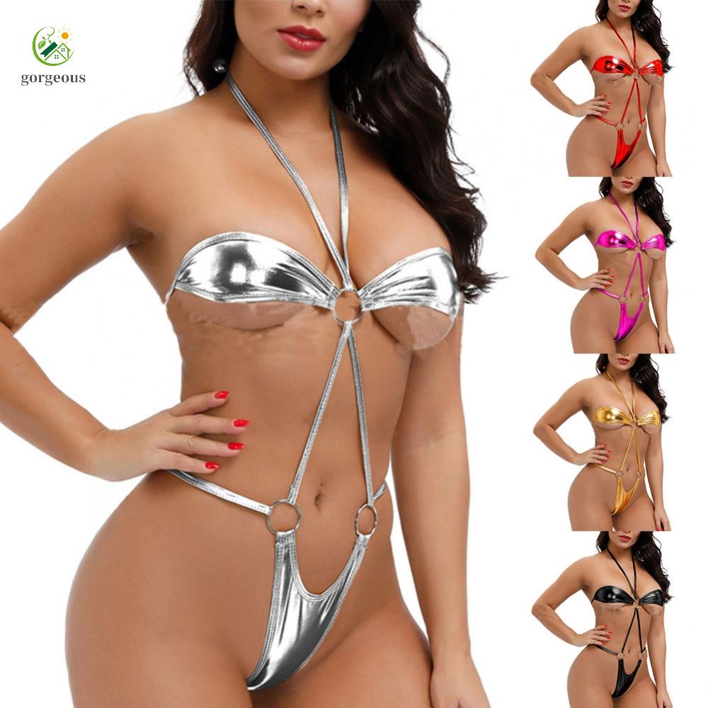 GORGEOUS~Swimwear Women Bikini Halter Lingerie Shiny Underwear Bodysuit Breathable
