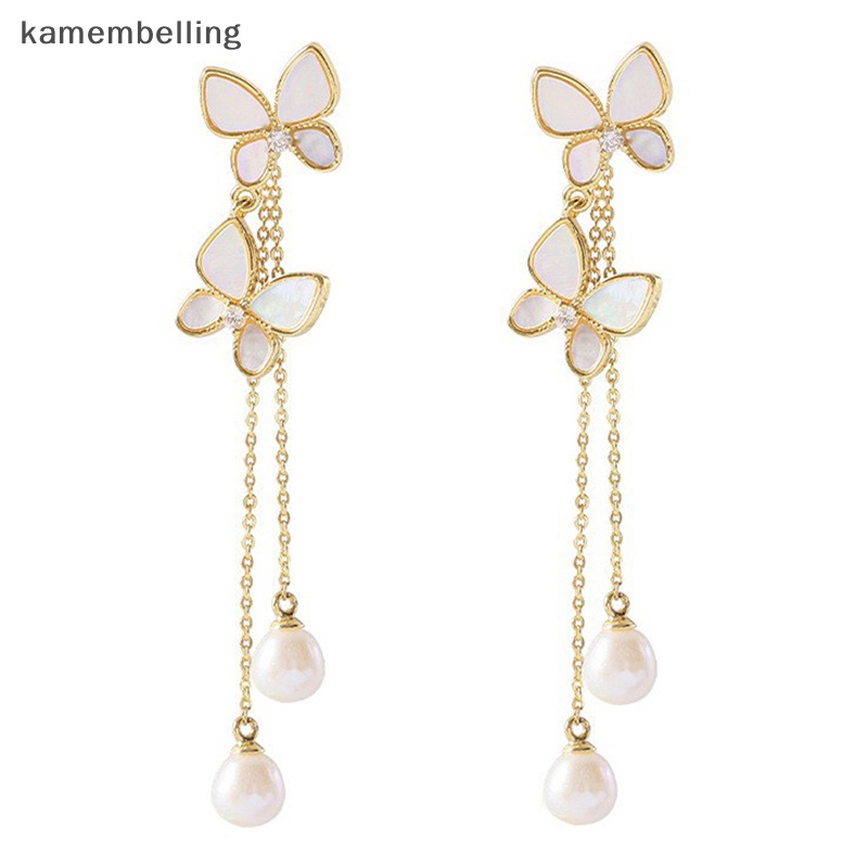 1 Đôi Bông Tai Dài Hình Bướm Đính Ngọc Trai Lãng Mạn Thời Trang