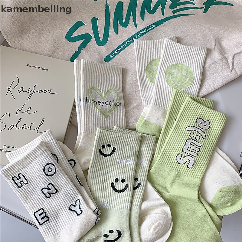 1 Đôi Tất Cotton Thoáng Khí In Hình Mặt Cười Dễ Thương Cho Nữ