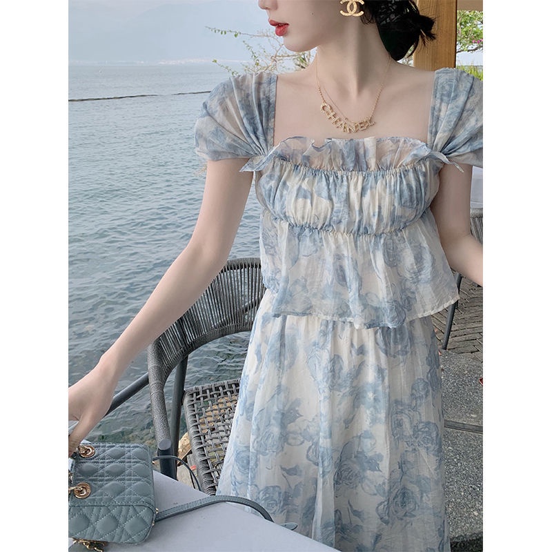 Bộ Áo Voan Cổ Vuông Phối Bèo + Chân Váy Chữ A Thời Trang Retro Thanh Lịch Cho Nữ