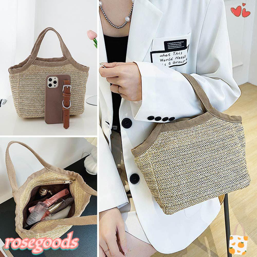 Túi Cói Bucket Thêu Hoa Hồng Thời Trang Đi Biển Mùa Hè Xinh Xắn Cho Nữ