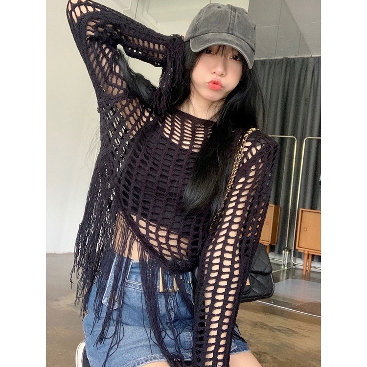 Áo lưới ô vuông đan móc vạt yếm tua rua đi chơi đi biển MS1170