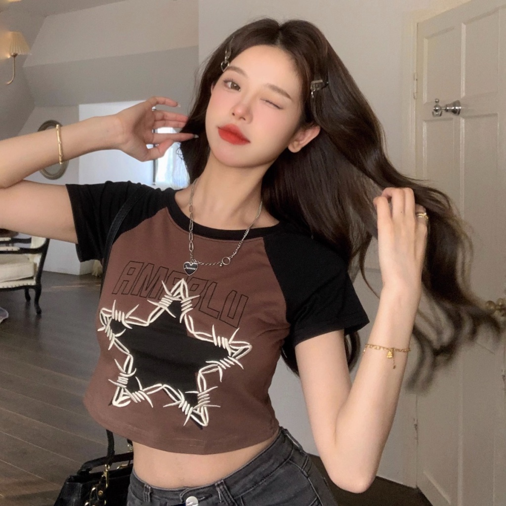 Áo baby tee Thun croptop Dáng Ngắn Hở Rốn Màu Sắc Tương Phản Phong Cách Mỹ Thời Trang Mùa Hè Cho Nữ