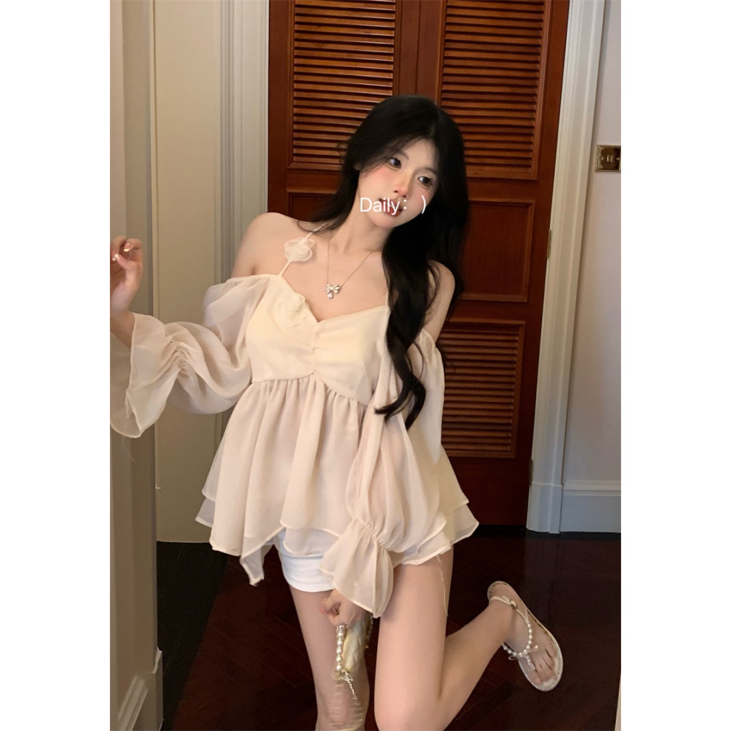 Áo Sơ Mi Chiffon Trễ Vai Phối Bèo Phong Cách Pháp