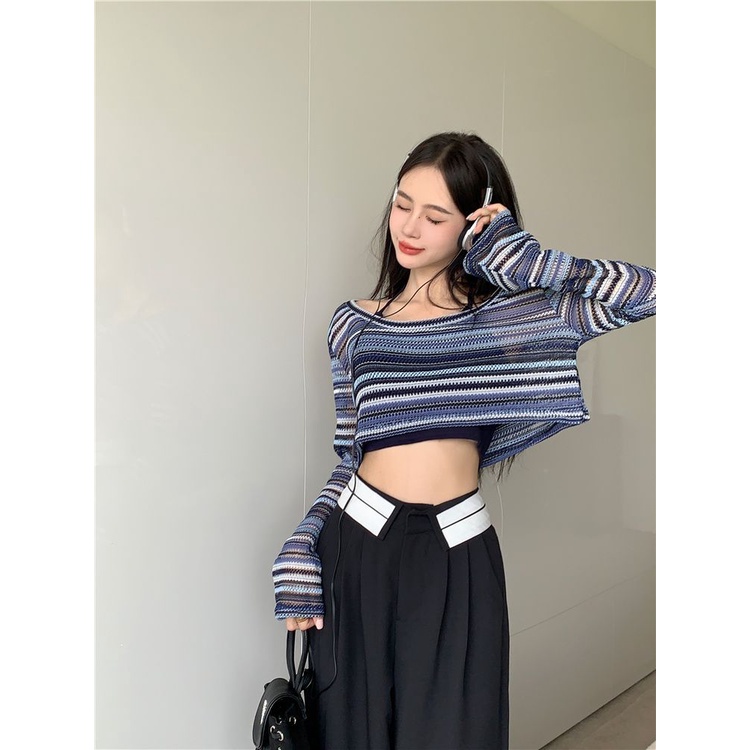 [F &amp; X] Áo Thun Ngắn Chống Nắng Mùa Hè Kẻ Sọc Rỗng Nhiều Màu Sắc Tương Phản Phong Cách Mới Cho Nữ