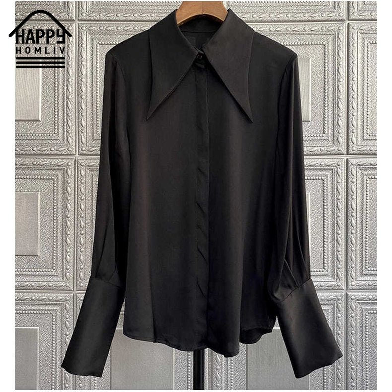HAPPY HOMLIV Áo Sơ Mi Lụa Nhân Tạo Tay Dài Màu Đen Thời Trang Cao Cấp Dành Cho Nữ Size M-3XL 2022