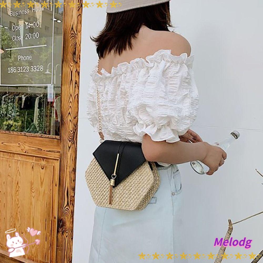 Túi Cói Đan Thủ Công Phối Dây Xích Đeo Vai Cá Tính