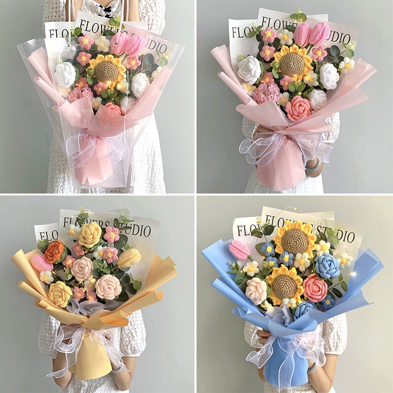 Bó Hoa Hồng / Vàng / Hồng Đan Tay Thủ Công Mềm Mại Kèm Túi Giấy Dùng Làm Quà Tặng Ngày Của Cha