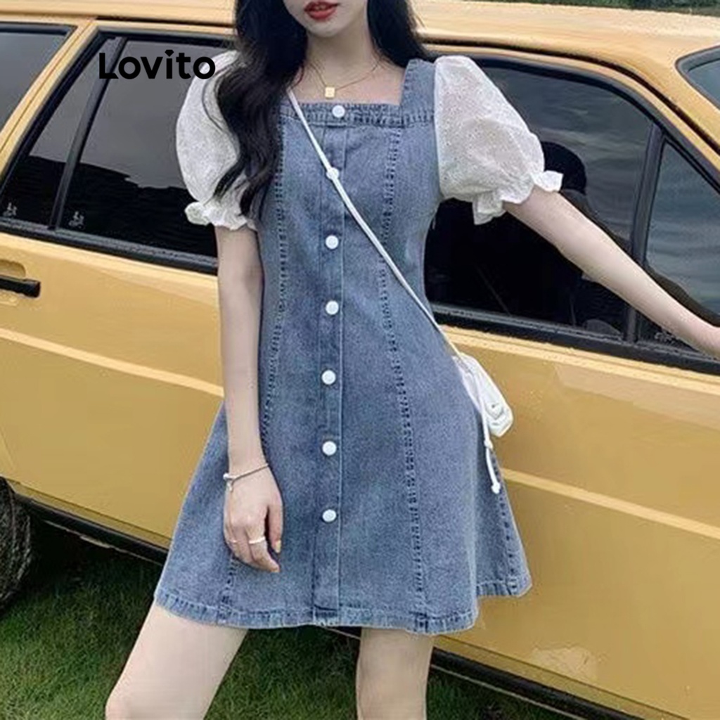 Đầm denim Lovito tay ngắn màu trơn phong cách thường ngày cho nữ LNA07101 (xanh dương)